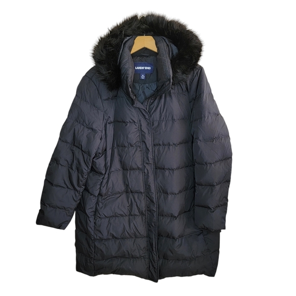 Lands' End | Black Down Winter Puffer Coat with Faux Fur Removable Hood - Picture 8 of 8